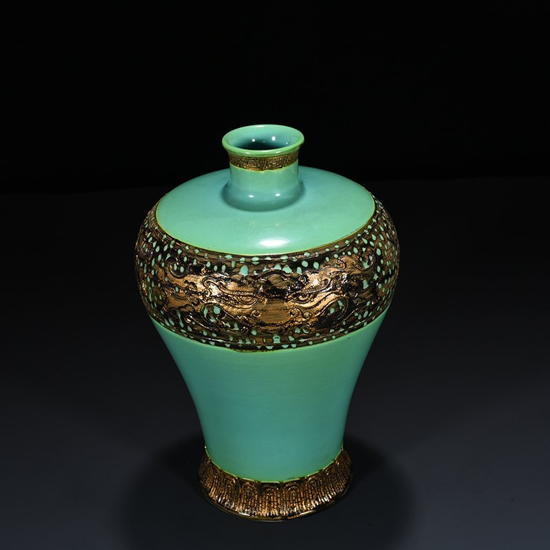 Qing Dynasty Qianlong turquoise green bronze glaze carved animal mask plum vase