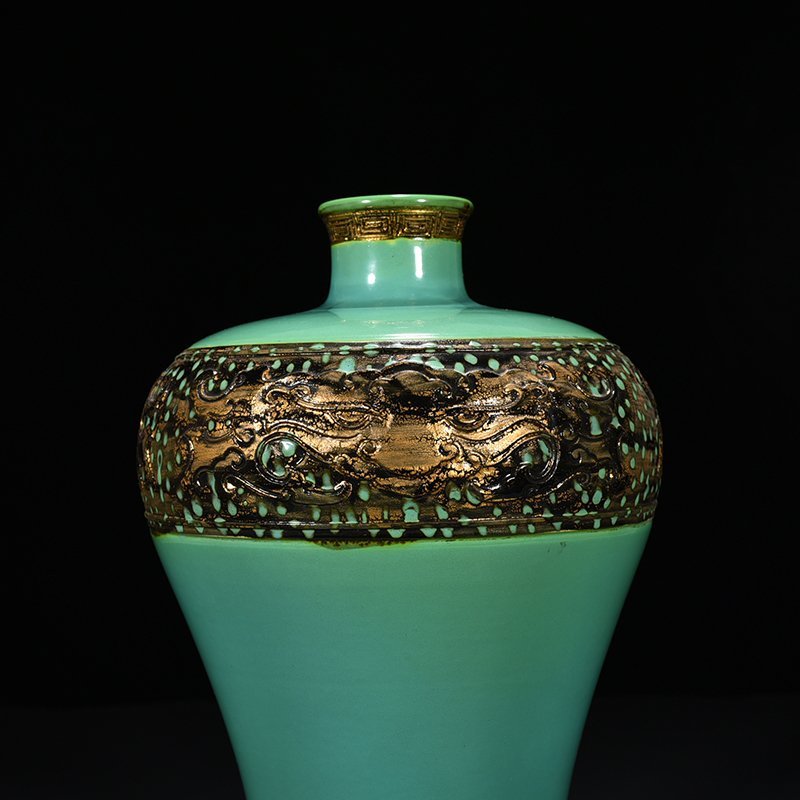 Qing Dynasty Qianlong turquoise green bronze glaze carved animal mask plum vase