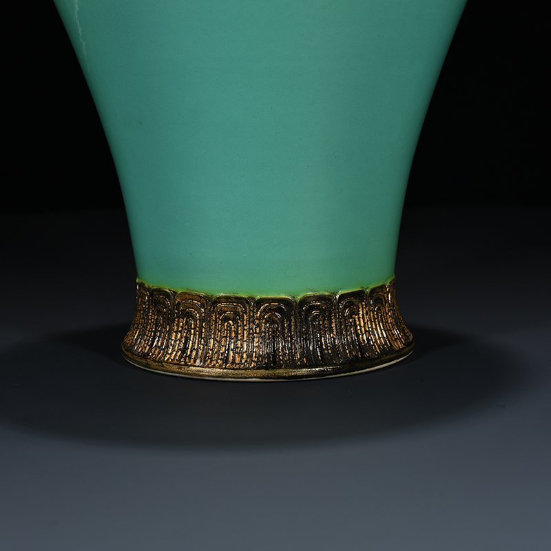 Qing Dynasty Qianlong turquoise green bronze glaze carved animal mask plum vase