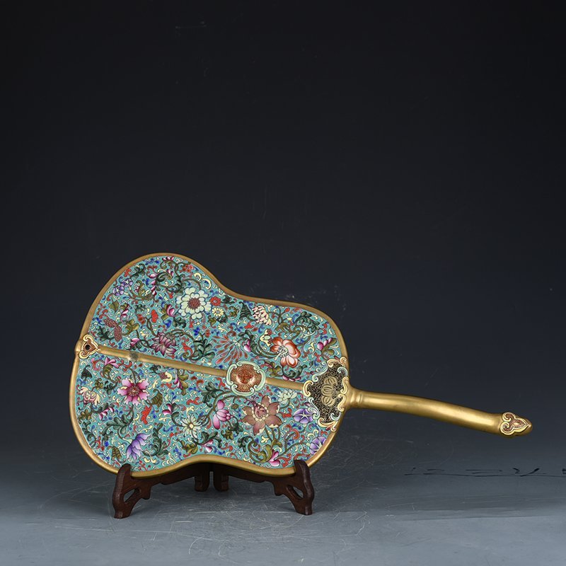 Qing Dynasty Qianlong turquoise green ground enamel flower fan