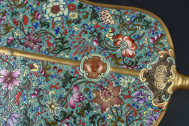 Qing Dynasty Qianlong turquoise green ground enamel flower fan