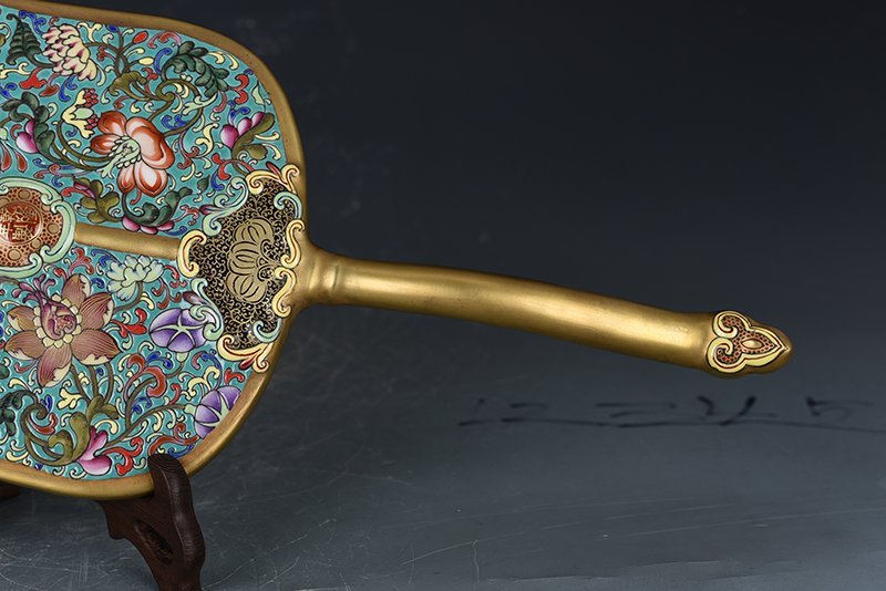 Qing Dynasty Qianlong turquoise green ground enamel flower fan