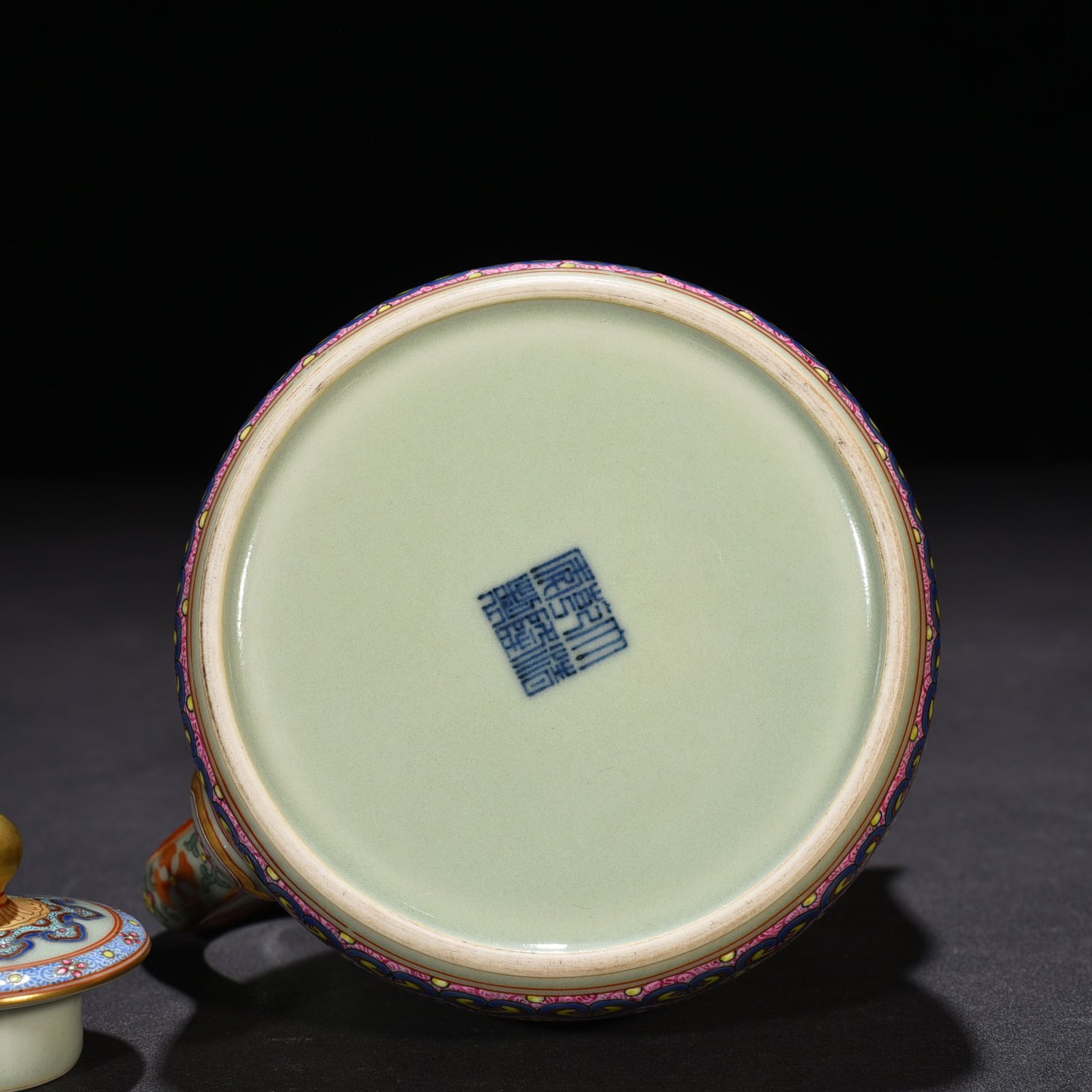 Qing Dynasty Qianlong Yangcai pink green ground teapot with inscribed poems and three