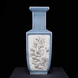 Qing Dynasty Qianlong Azure-glazed square vase with carved landscapes