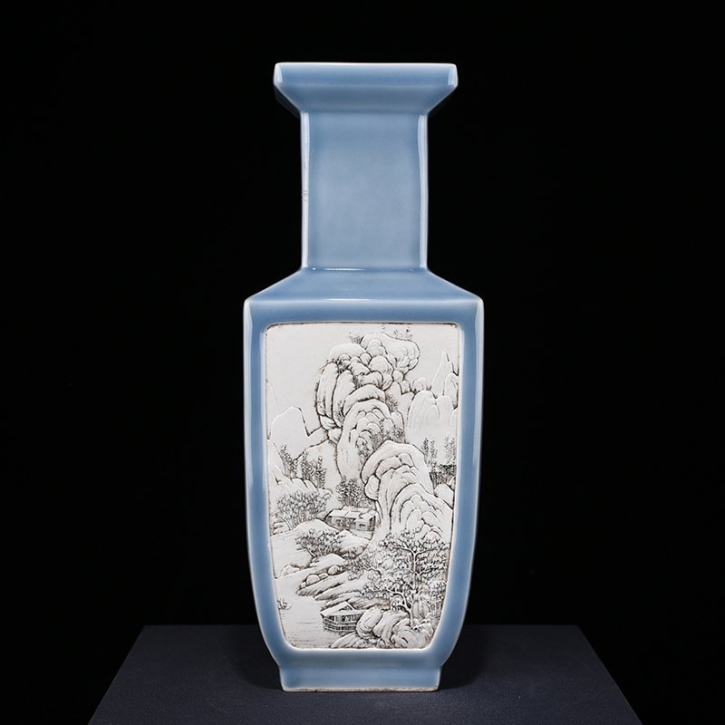 Qing Dynasty Qianlong Azure-glazed square vase with carved landscapes