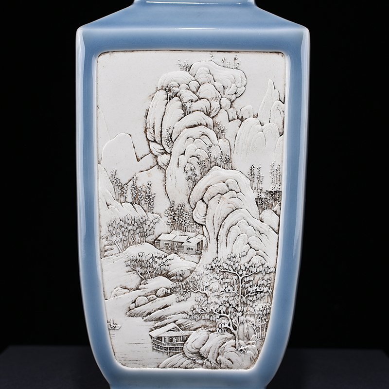 Qing Dynasty Qianlong Azure-glazed square vase with carved landscapes