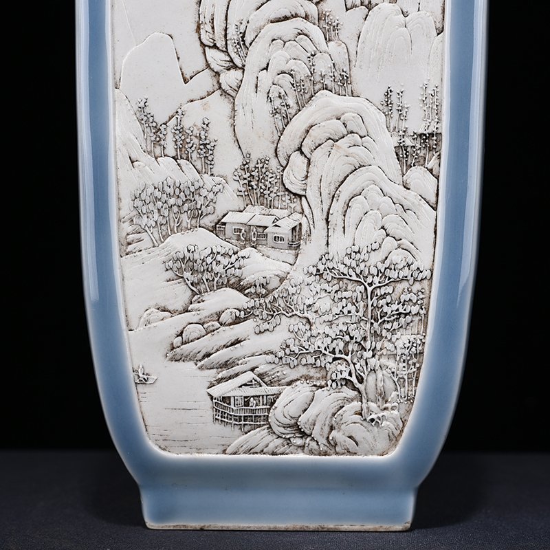 Qing Dynasty Qianlong Azure-glazed square vase with carved landscapes