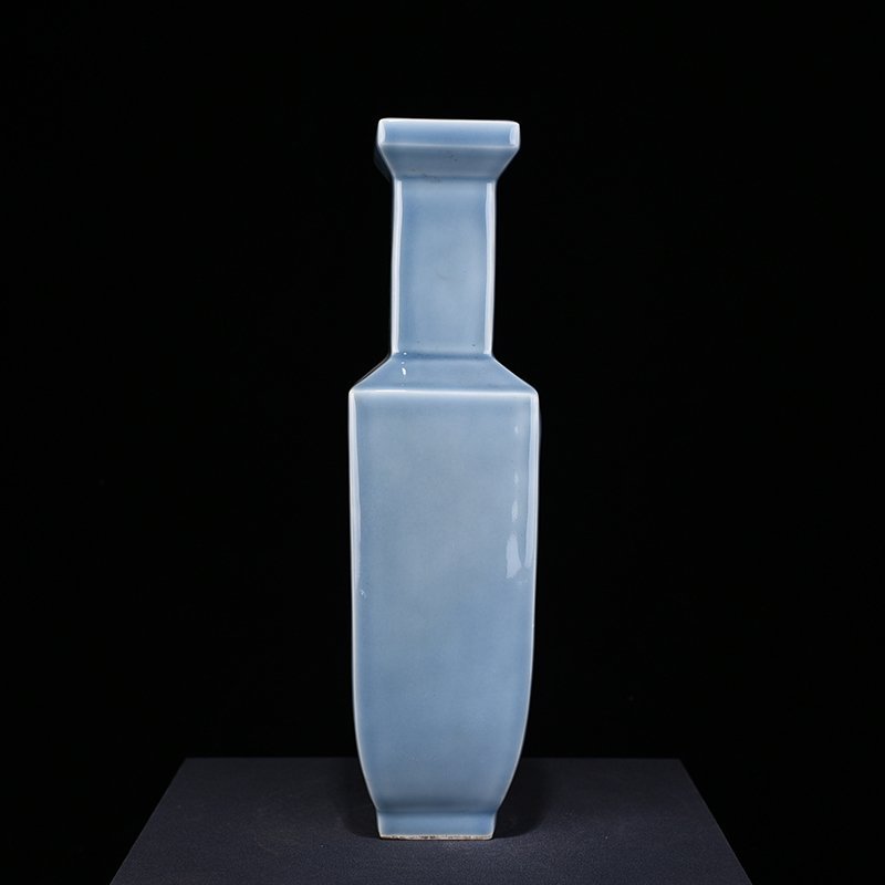 Qing Dynasty Qianlong Azure-glazed square vase with carved landscapes