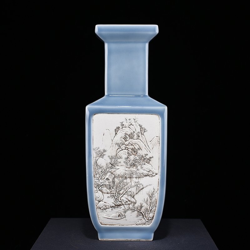 Qing Dynasty Qianlong Azure-glazed square vase with carved landscapes