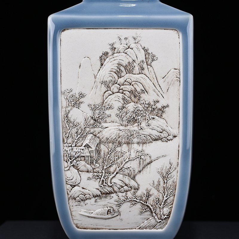 Qing Dynasty Qianlong Azure-glazed square vase with carved landscapes