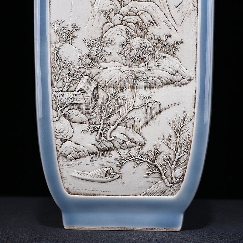 Qing Dynasty Qianlong Azure-glazed square vase with carved landscapes