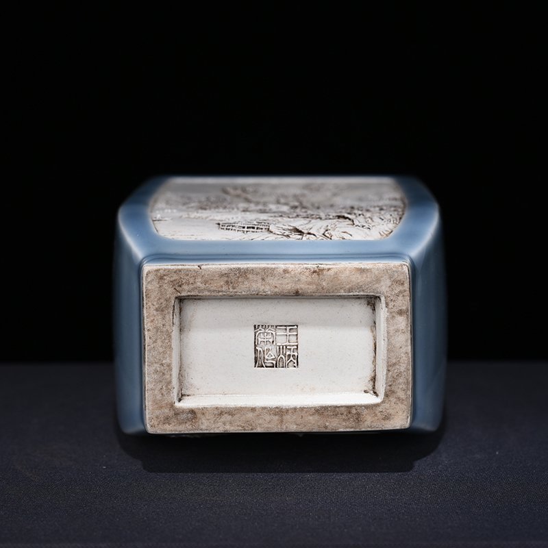 Qing Dynasty Qianlong Azure-glazed square vase with carved landscapes