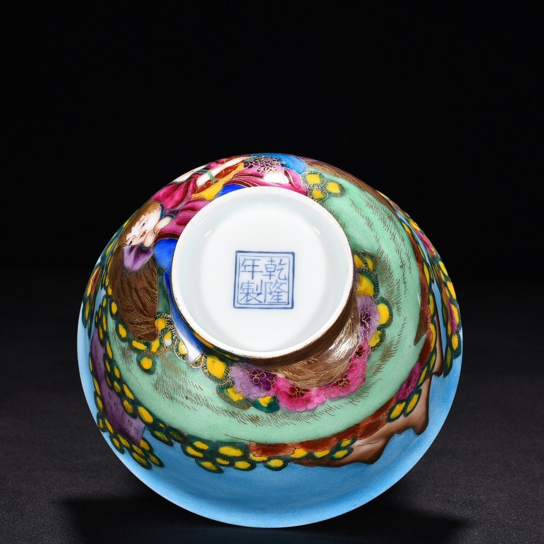 Qing Dynasty Qianlong enamel engraved gold bowl with Western figure