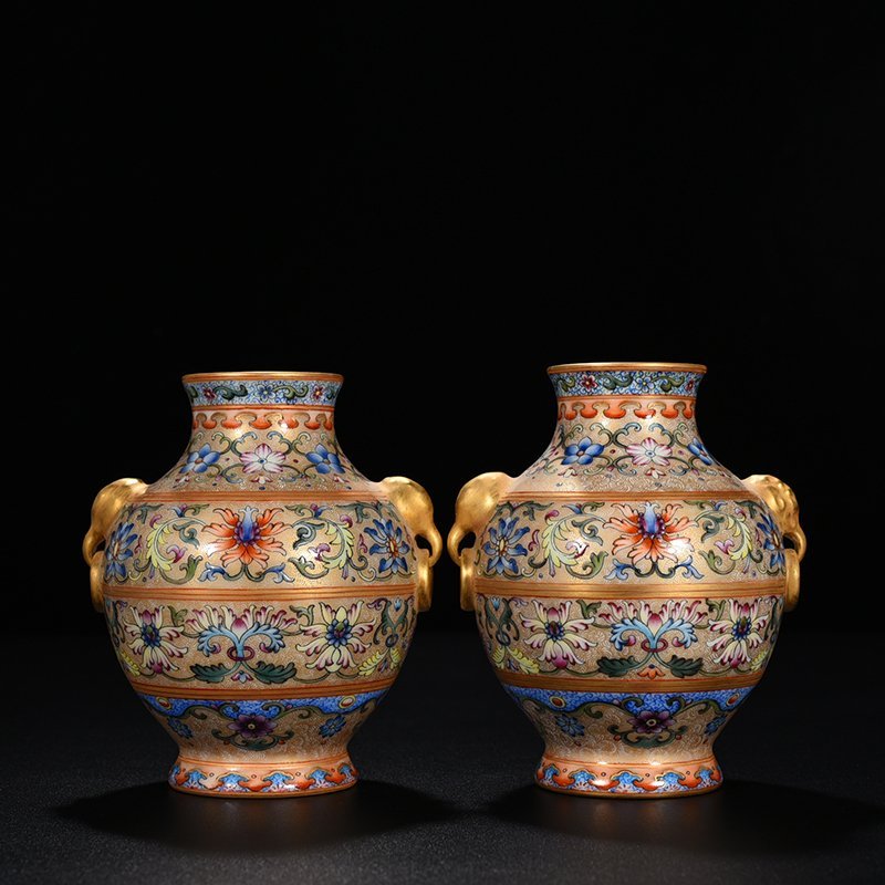 Qing Dynasty Qianlong enamel elephant ear vase with lotus