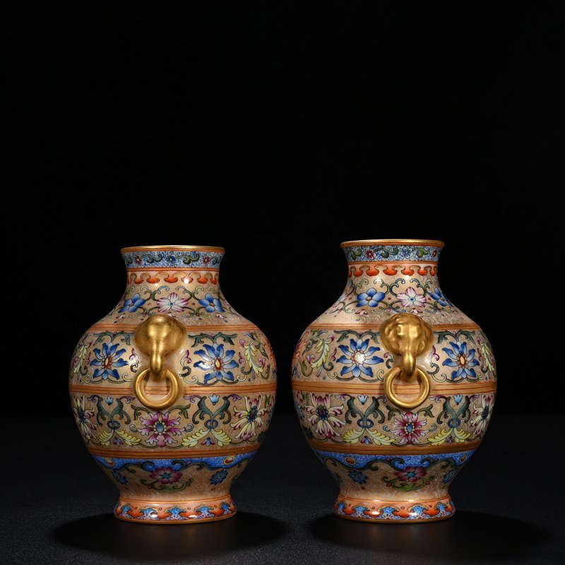 Qing Dynasty Qianlong enamel elephant ear vase with lotus
