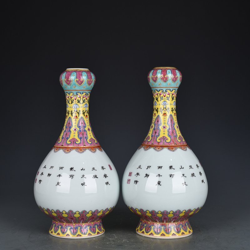 Qing Dynasty Qianlong enamel double dog garlic bottle