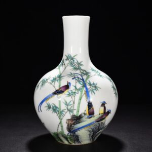 Qing Dynasty Qianlong enamel longevity vase with bird and bamboo