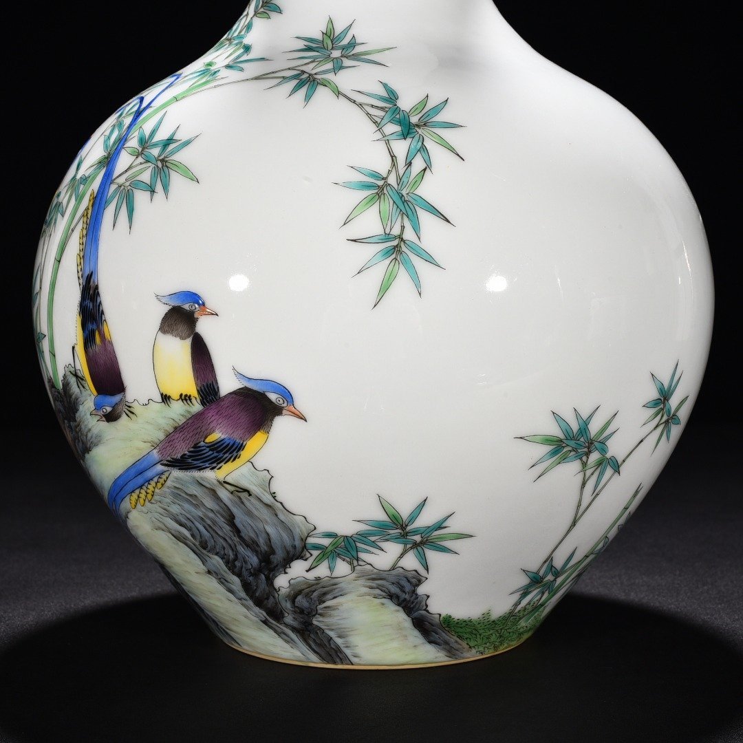 Qing Dynasty Qianlong enamel longevity vase with bird and bamboo