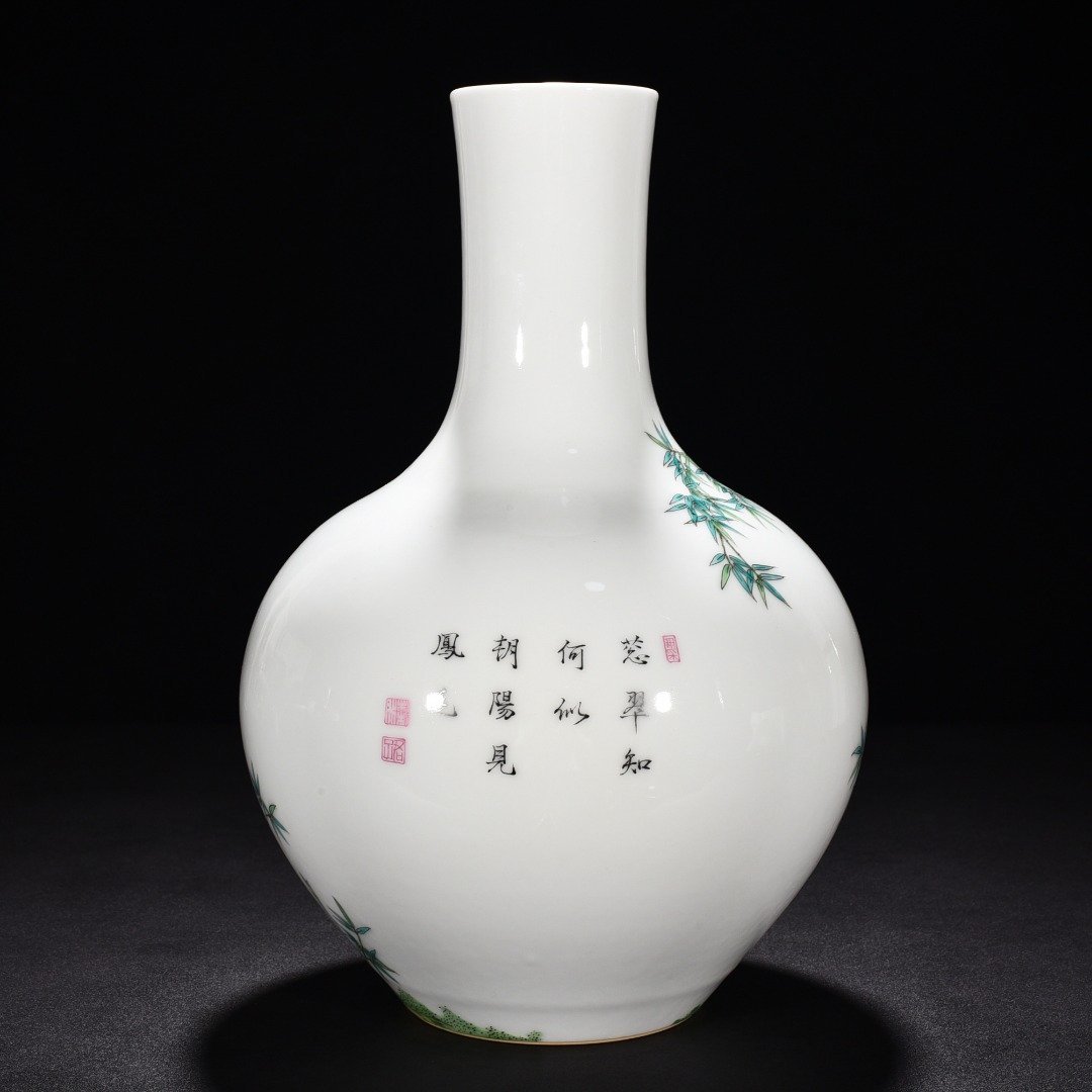 Qing Dynasty Qianlong enamel longevity vase with bird and bamboo
