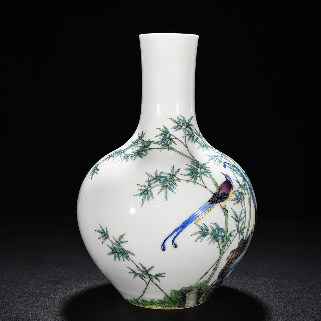 Qing Dynasty Qianlong enamel longevity vase with bird and bamboo