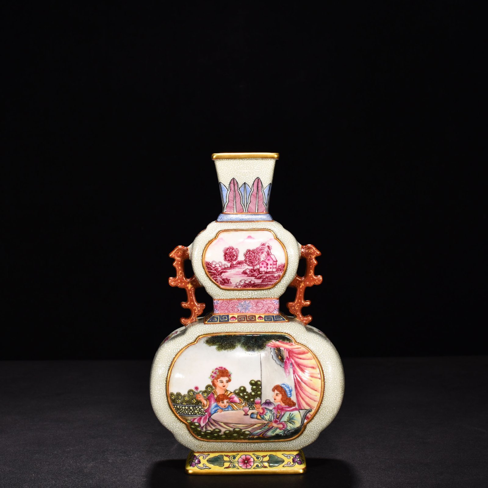 Qing Dynasty Qianlong enamel windowed Western figure binaural flat vase