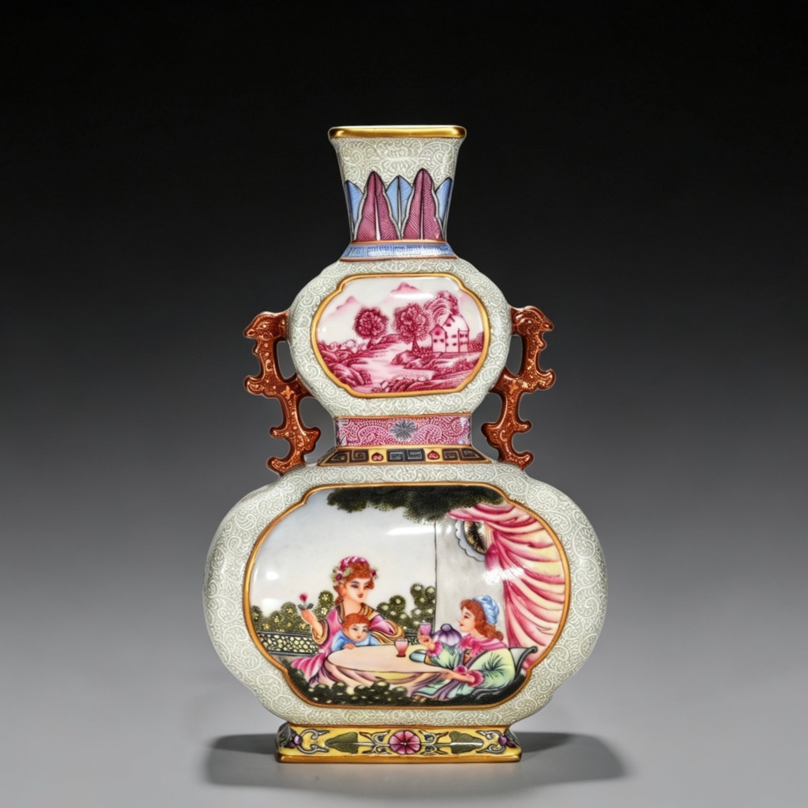 Qing Dynasty Qianlong enamel windowed Western character binaural flat vase