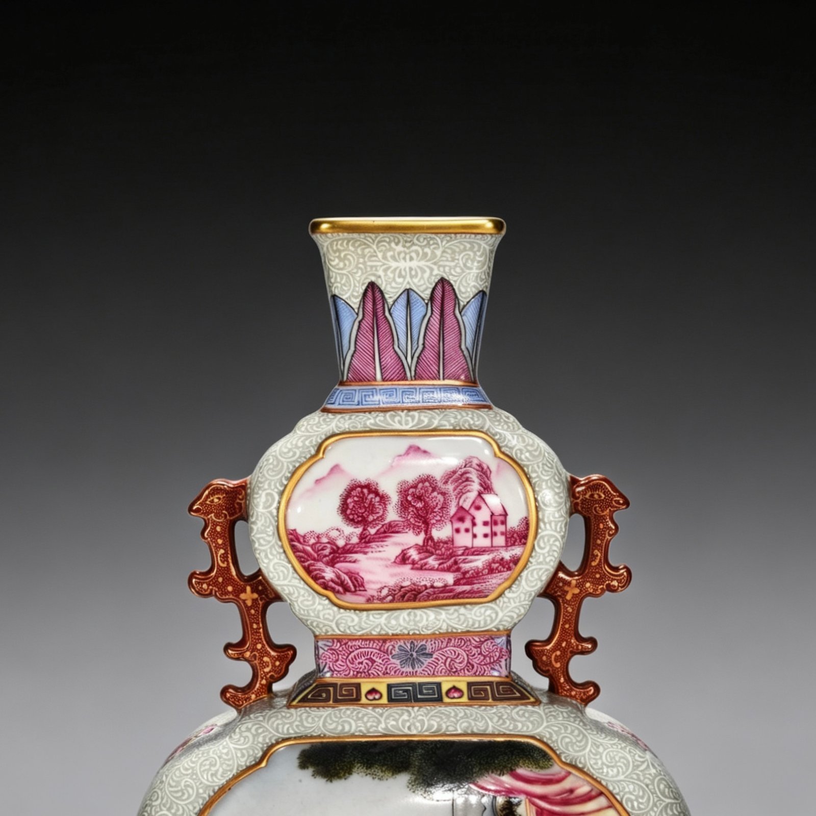 Qing Dynasty Qianlong enamel windowed Western character binaural flat vase