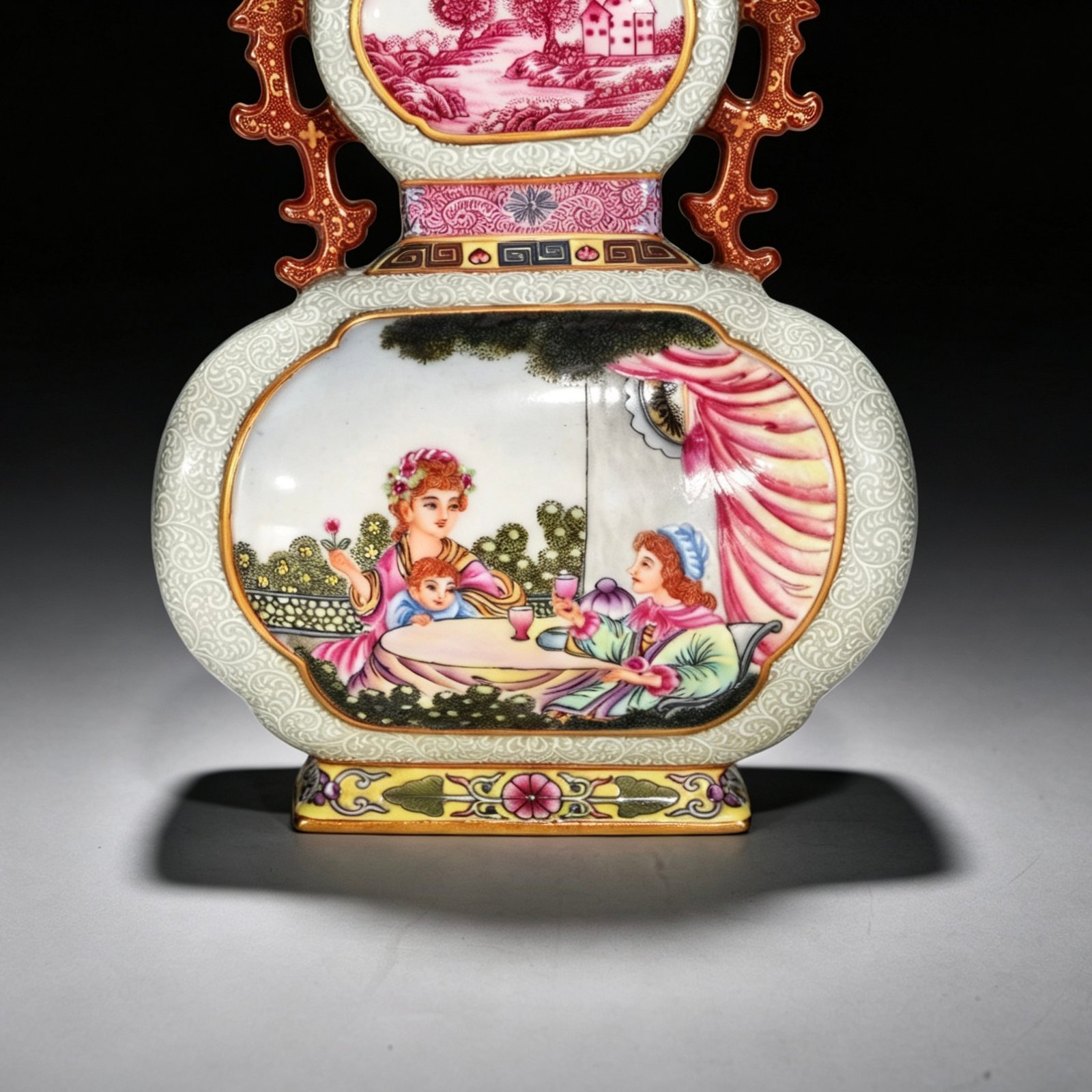Qing Dynasty Qianlong enamel windowed Western character binaural flat vase