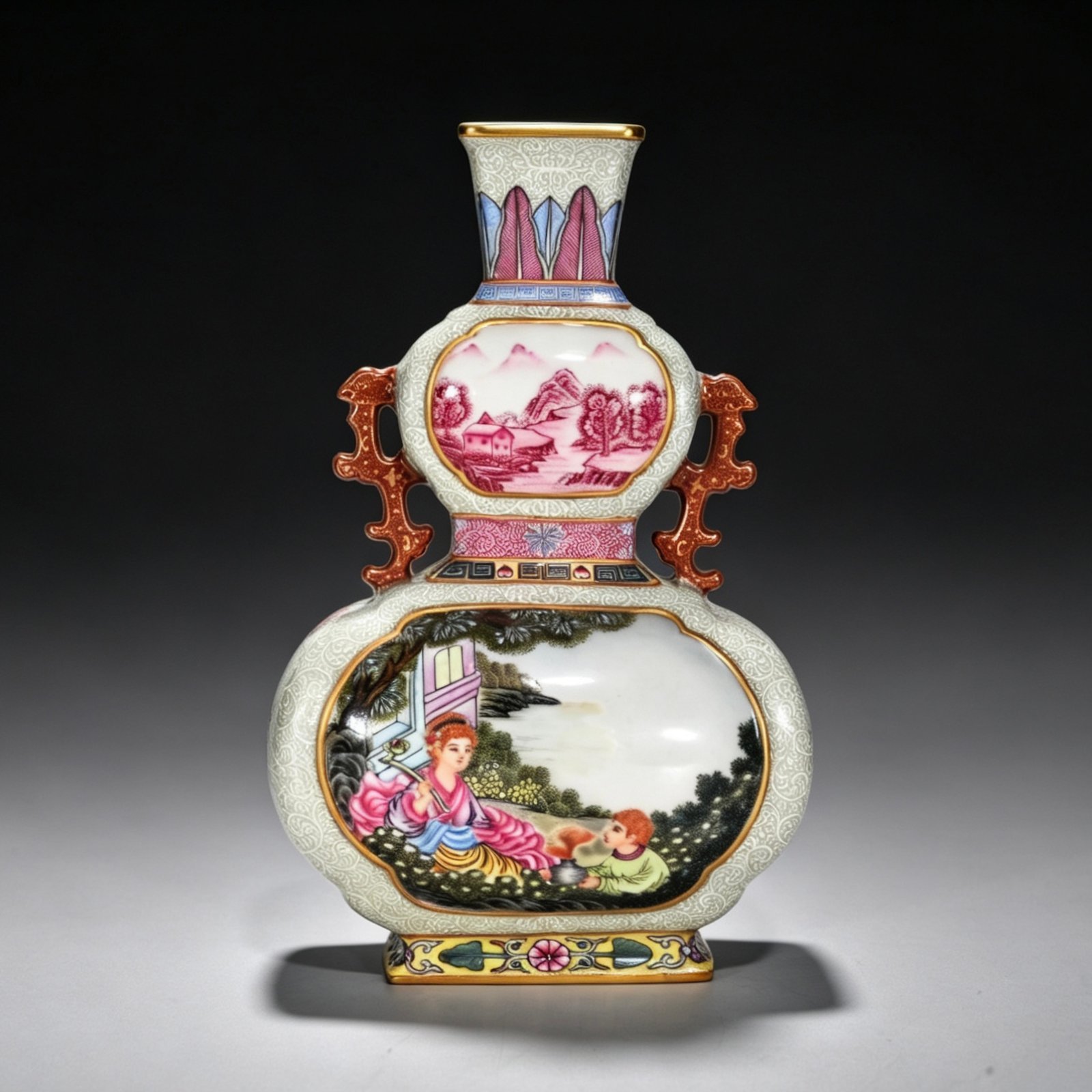 Qing Dynasty Qianlong enamel windowed Western character binaural flat vase