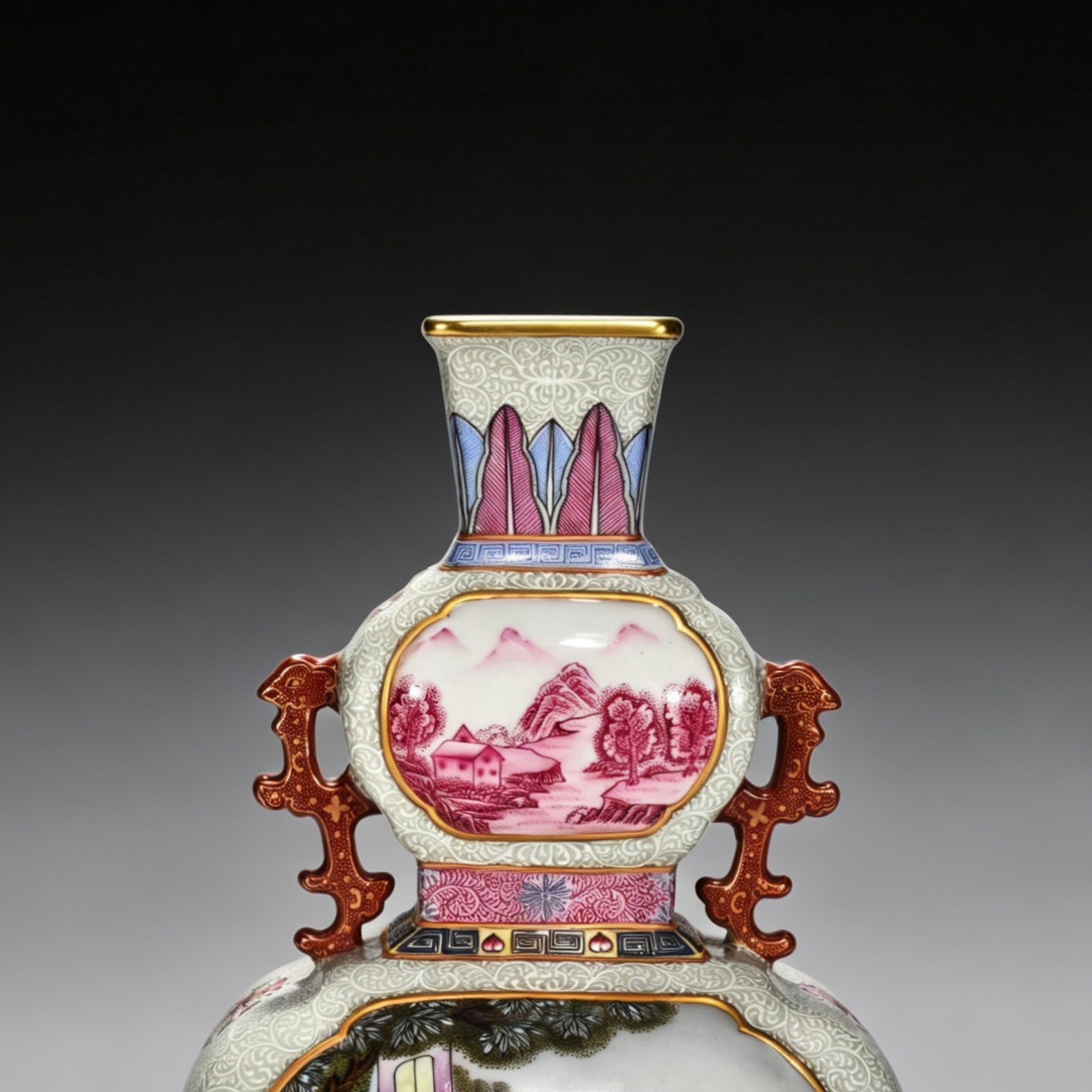 Qing Dynasty Qianlong enamel windowed Western character binaural flat vase
