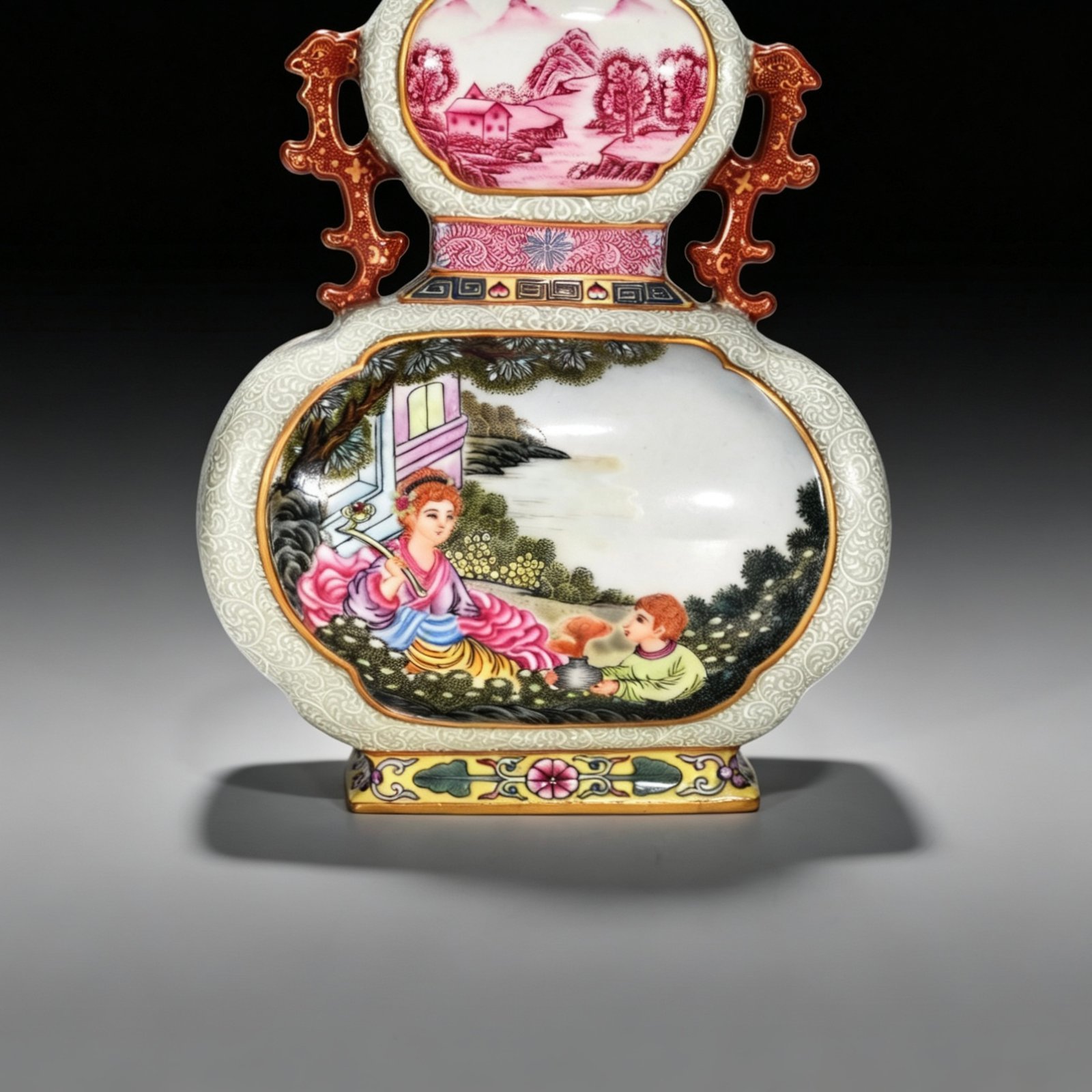 Qing Dynasty Qianlong enamel windowed Western character binaural flat vase