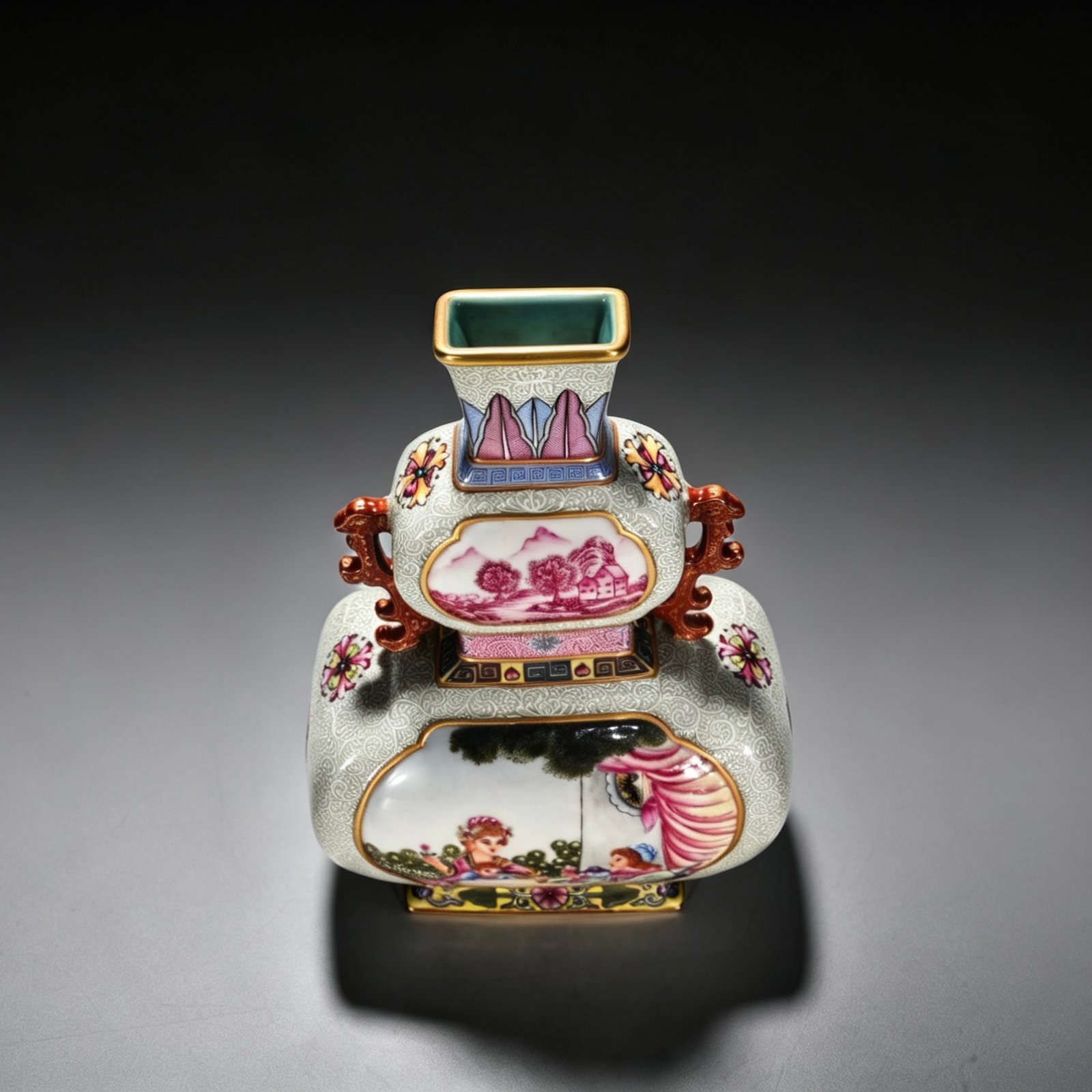 Qing Dynasty Qianlong enamel windowed Western character binaural flat vase