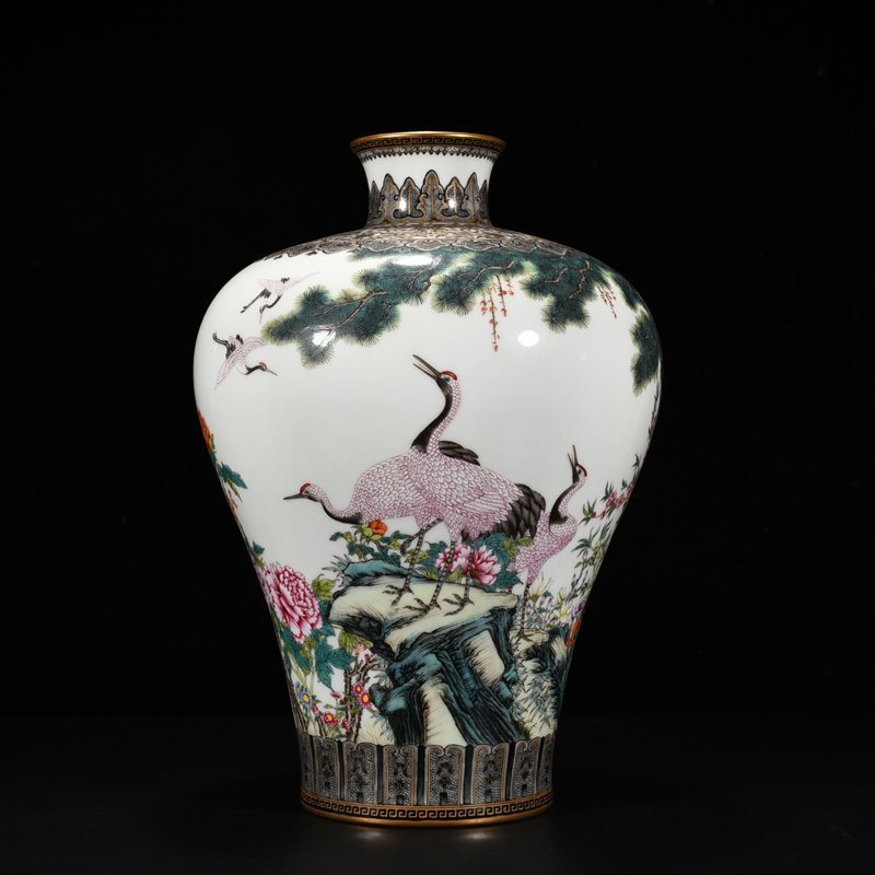 Qing Dynasty Qianlong enamel pine and crane longevity plum vase
