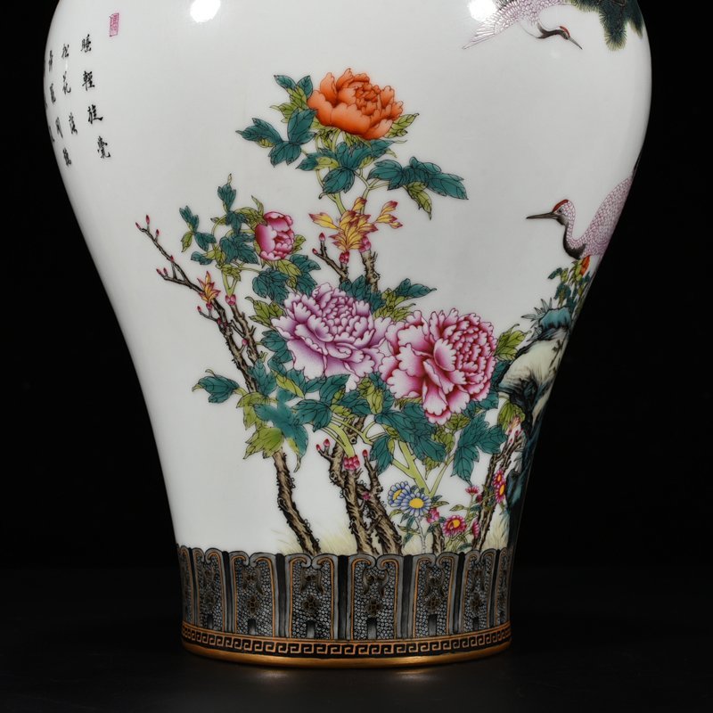 Qing Dynasty Qianlong enamel pine and crane longevity plum vase