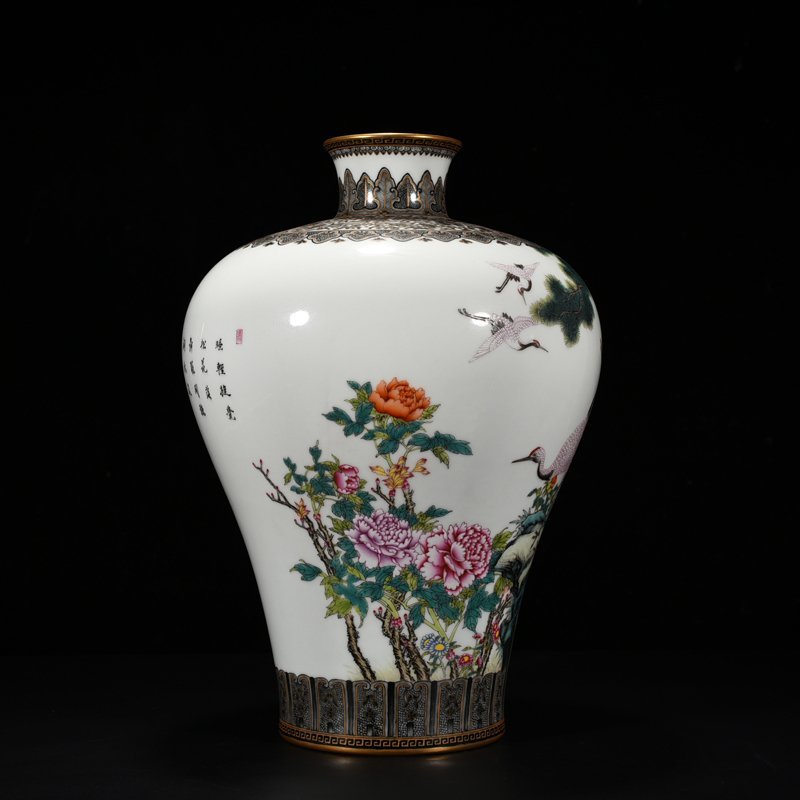 Qing Dynasty Qianlong enamel pine and crane longevity plum vase