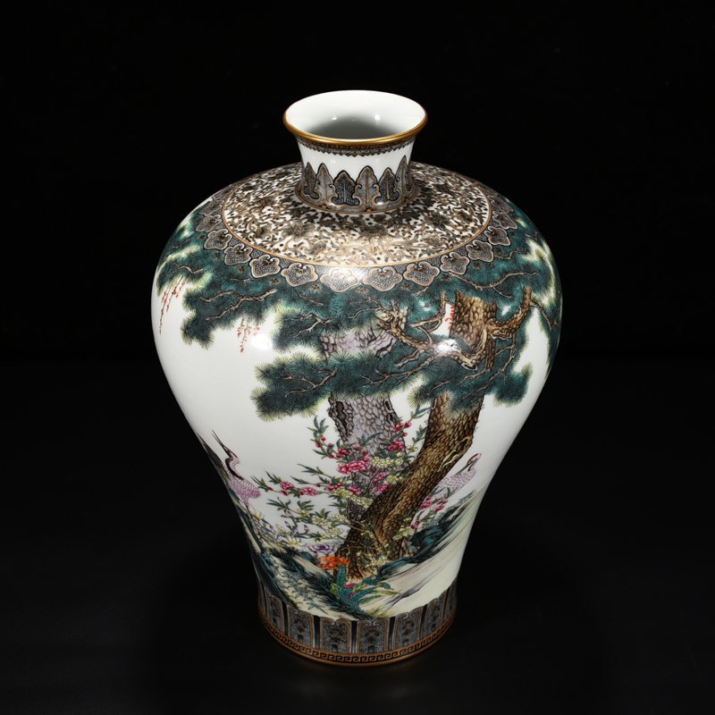 Qing Dynasty Qianlong enamel pine and crane longevity plum vase