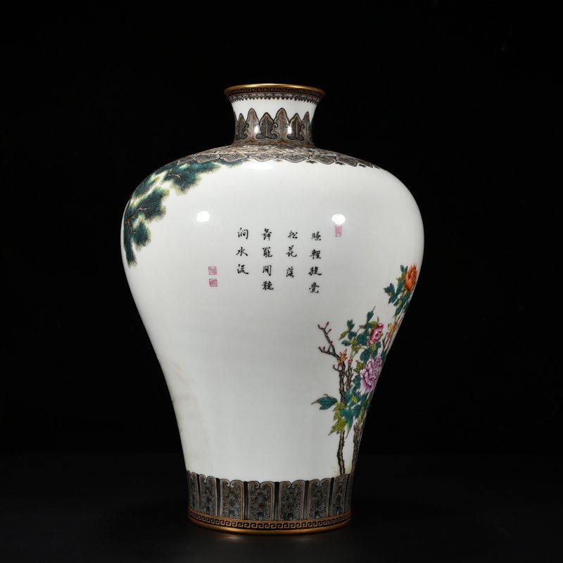 Qing Dynasty Qianlong enamel pine and crane longevity plum vase
