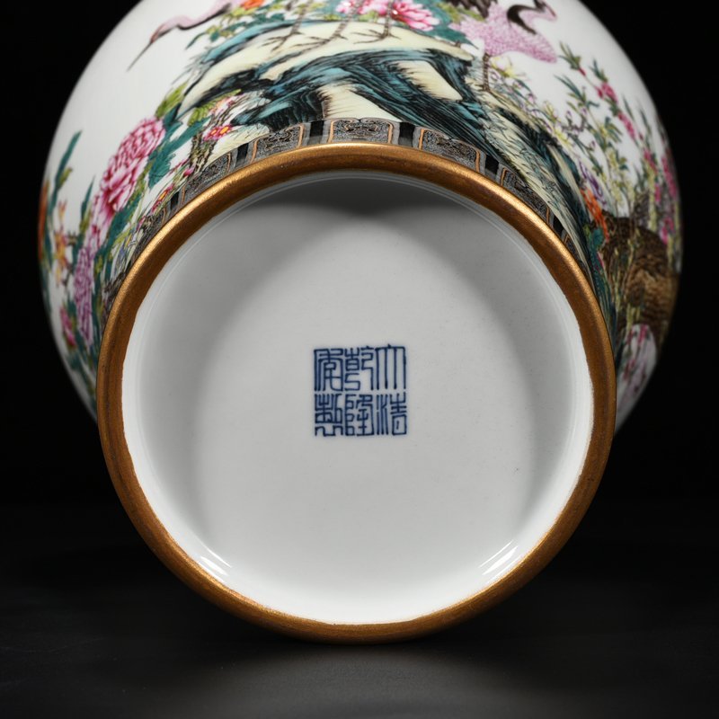 Qing Dynasty Qianlong enamel pine and crane longevity plum vase
