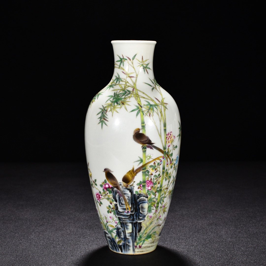 Qing Dynasty Qianlong enamel bamboo vase with flower and birds