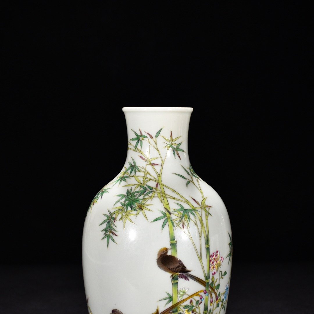 Qing Dynasty Qianlong enamel bamboo vase with flower and birds