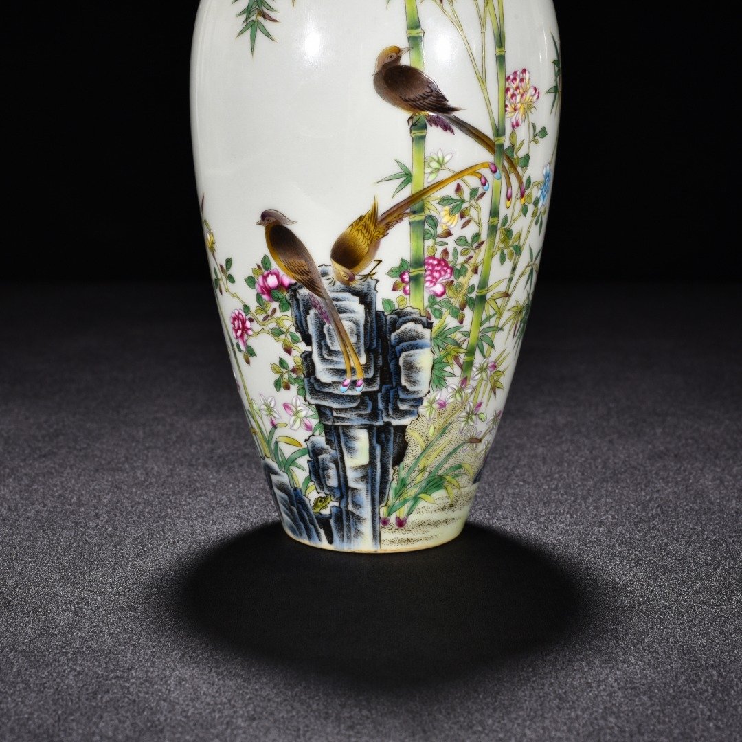 Qing Dynasty Qianlong enamel bamboo vase with flower and birds