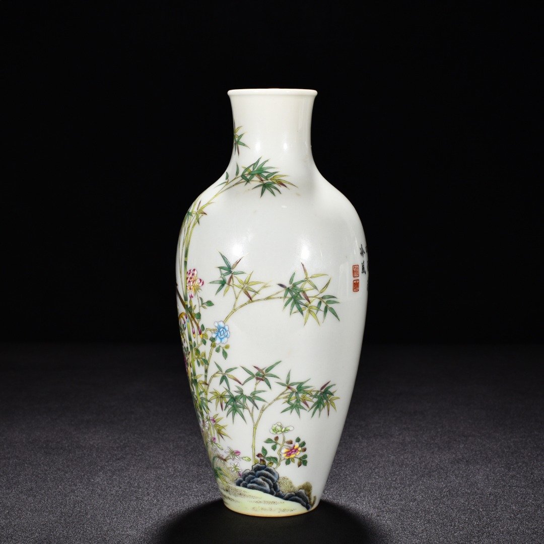Qing Dynasty Qianlong enamel bamboo vase with flower and birds