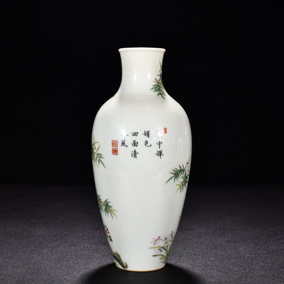 Qing Dynasty Qianlong enamel bamboo vase with flower and birds