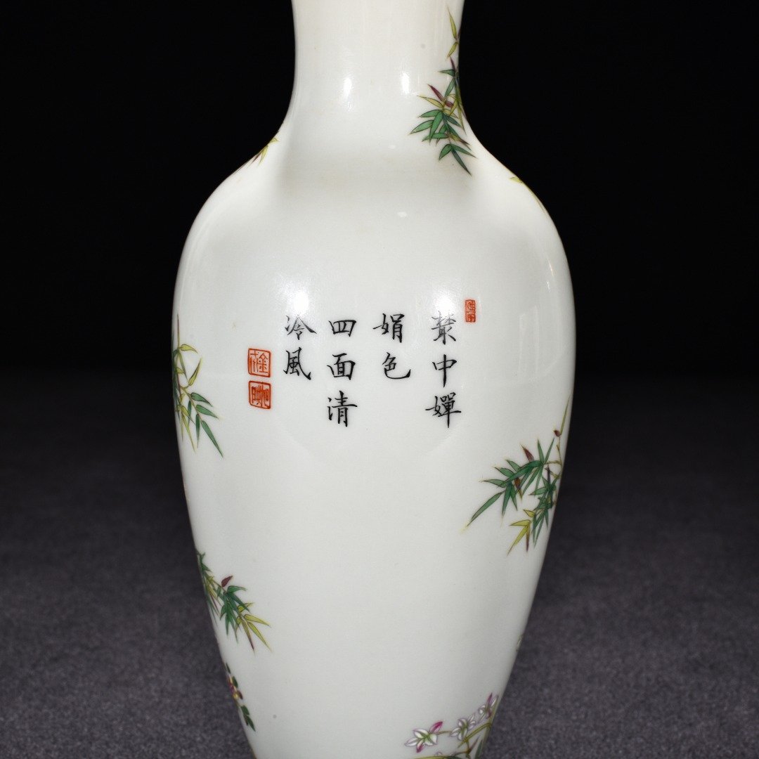 Qing Dynasty Qianlong enamel bamboo vase with flower and birds