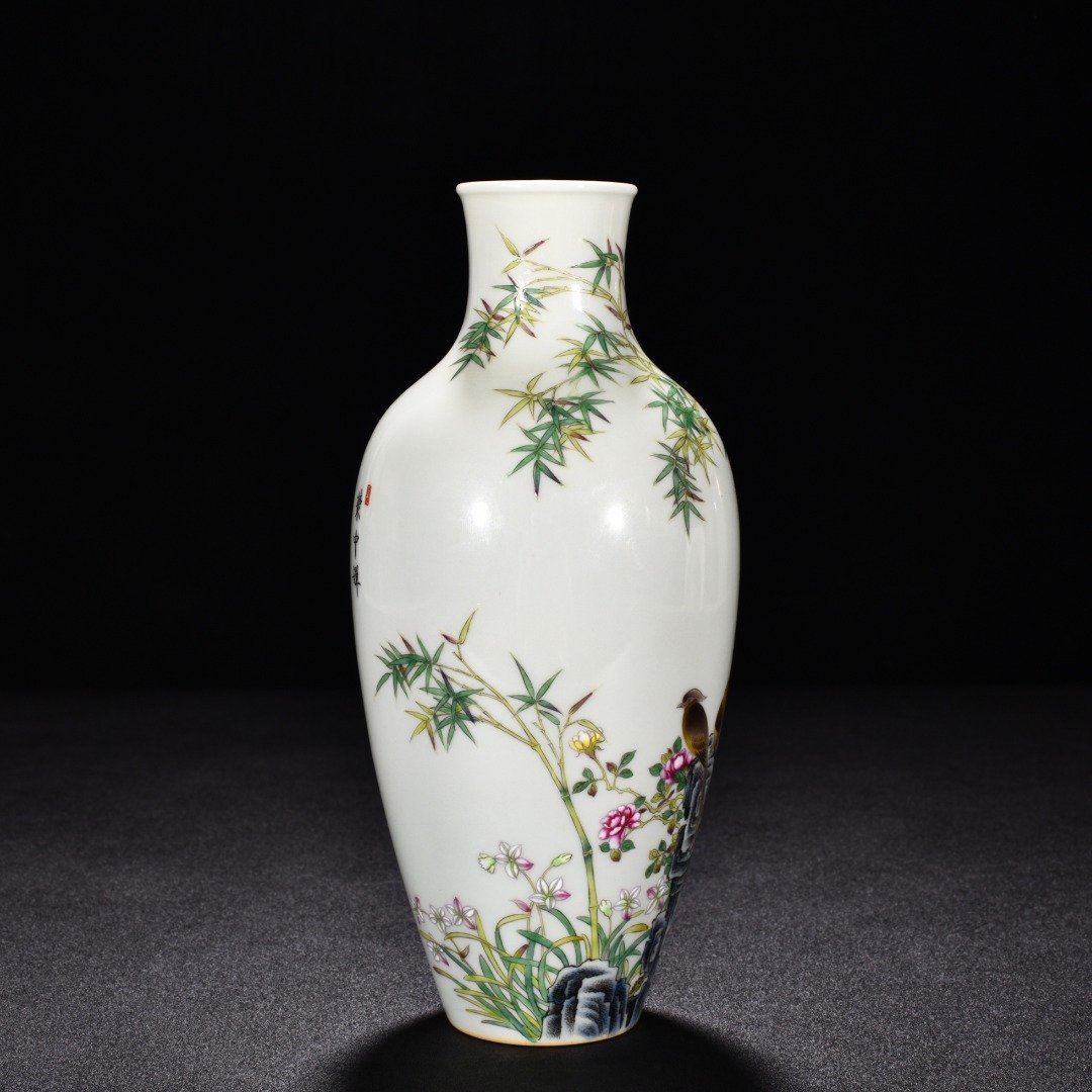 Qing Dynasty Qianlong enamel bamboo vase with flower and birds