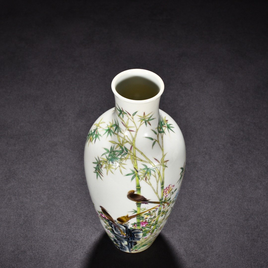 Qing Dynasty Qianlong enamel bamboo vase with flower and birds