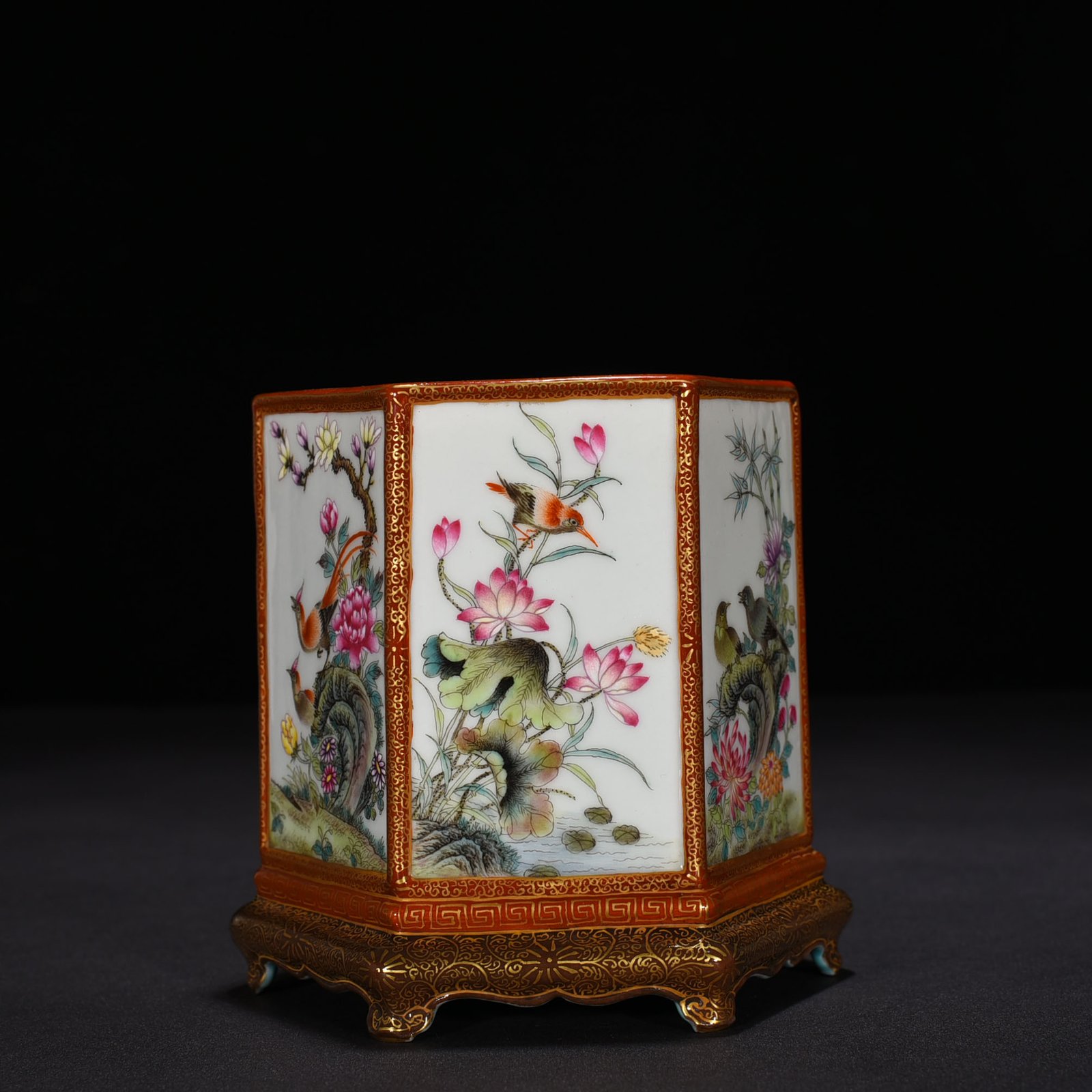 Qing Dynasty Qianlong enamel hexagonal pen holder with flower and birds
