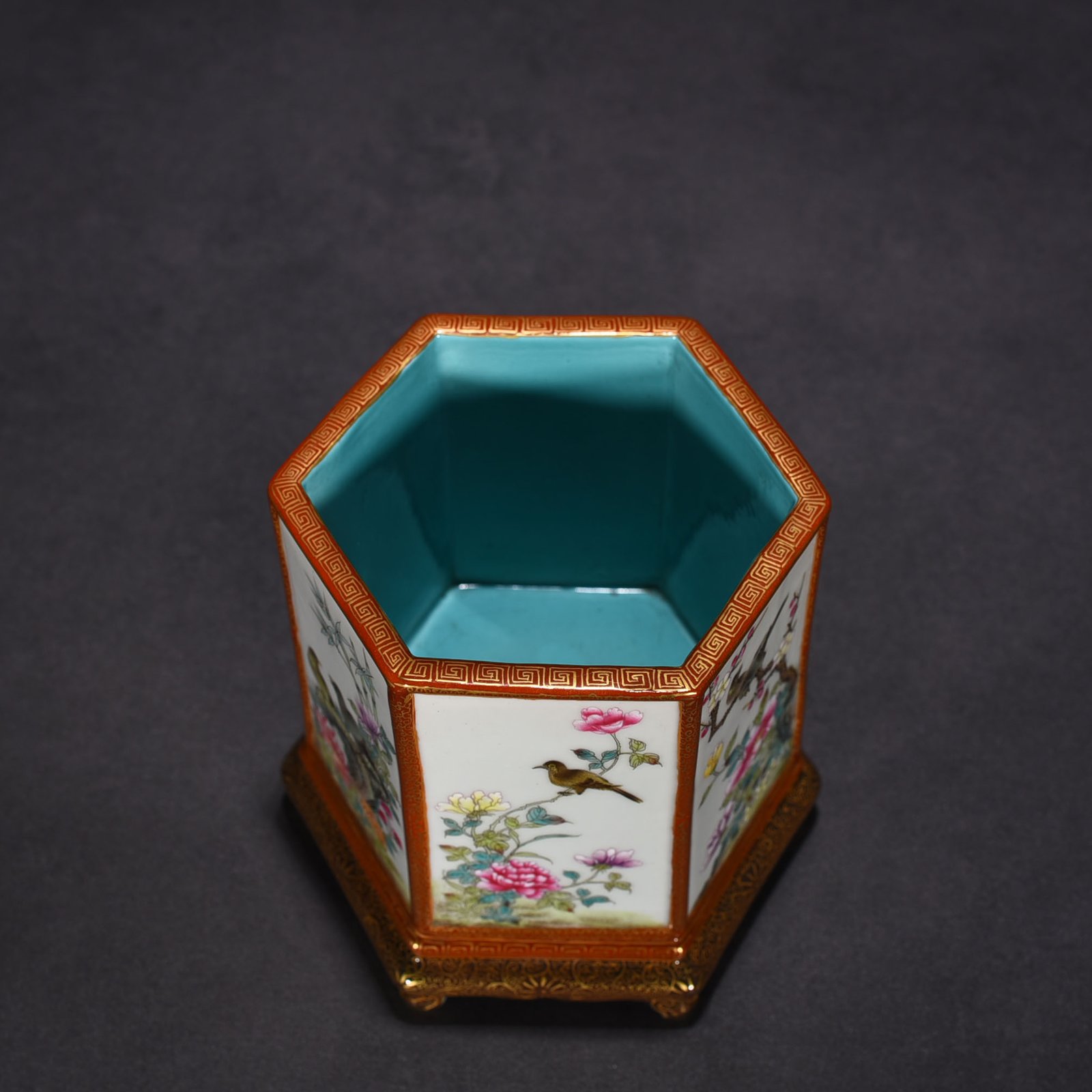 Qing Dynasty Qianlong enamel hexagonal pen holder with flower and birds