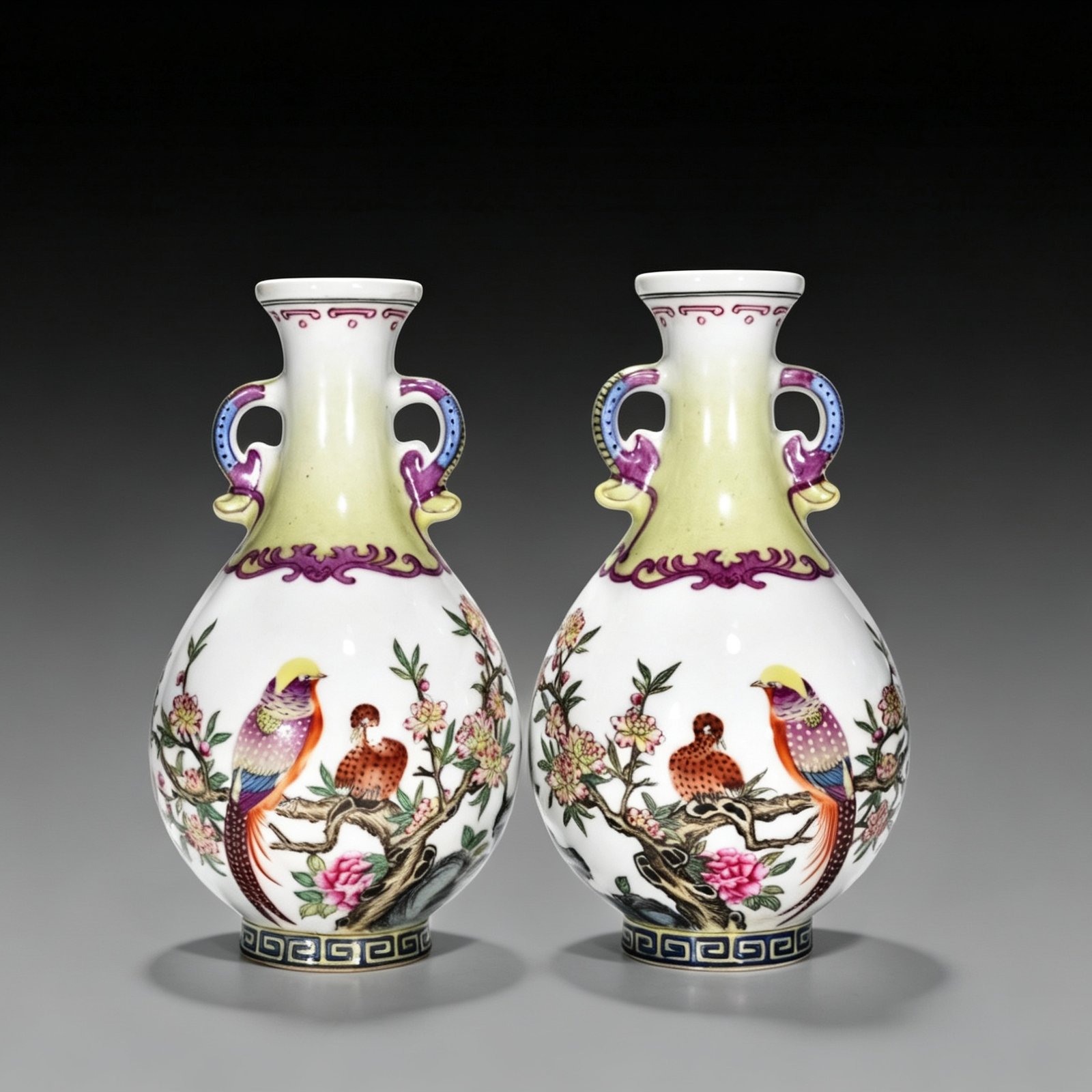 Qing Dynasty Qianlong enamel amphorae with flower and birds