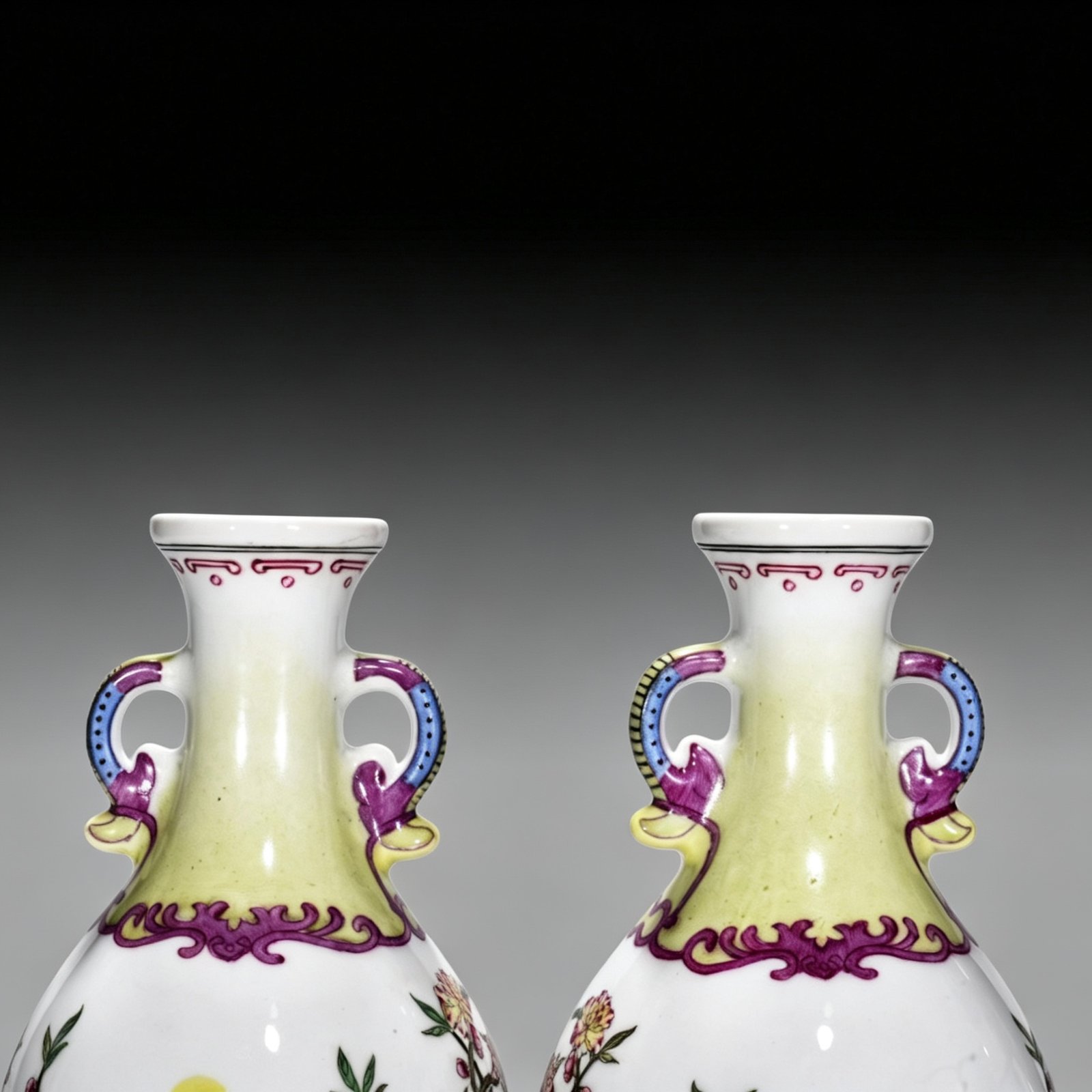 Qing Dynasty Qianlong enamel amphorae with flower and birds
